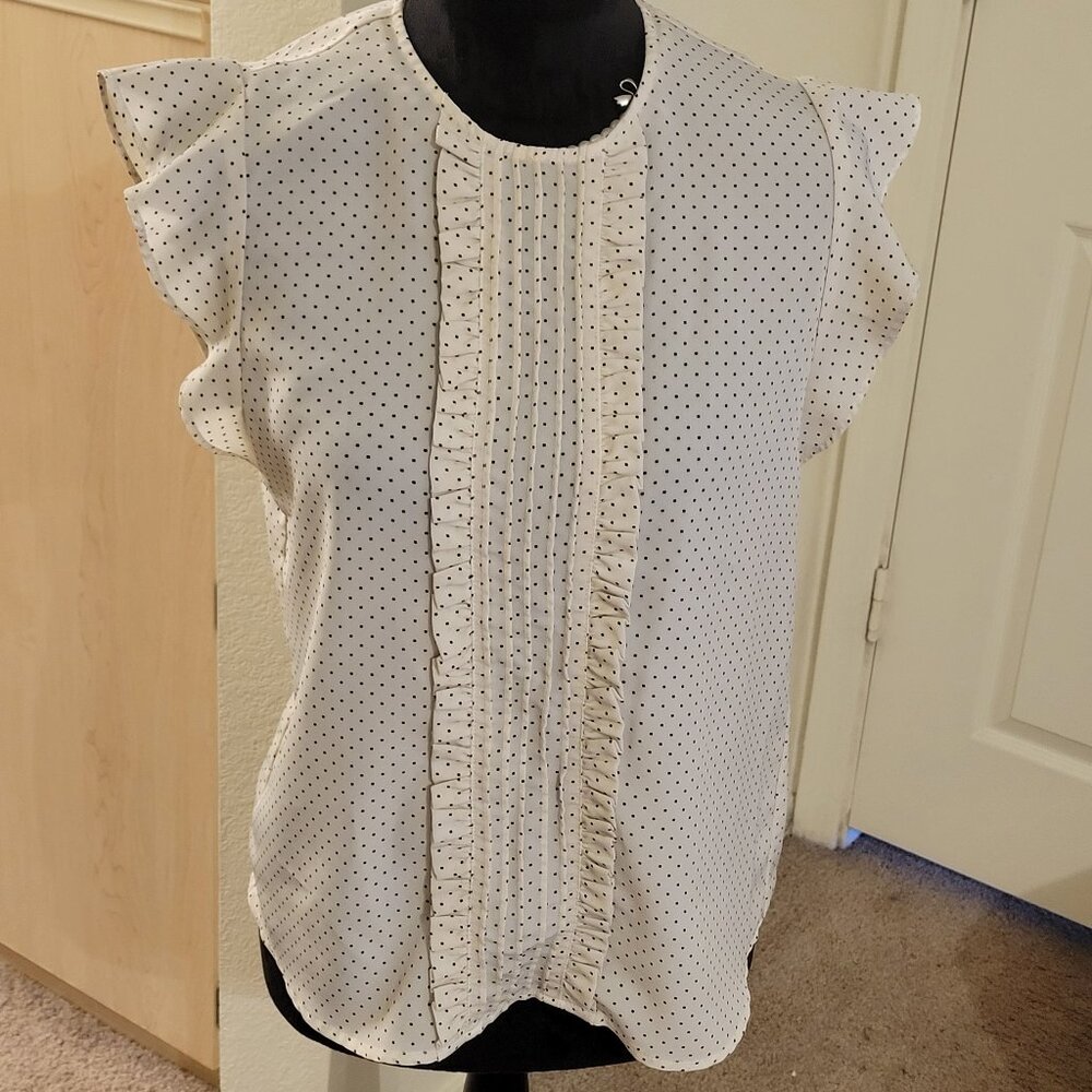 Covington Polka Dot Short Sleeved Ruffled Blouse, Dark Cream & Black, Size MP
